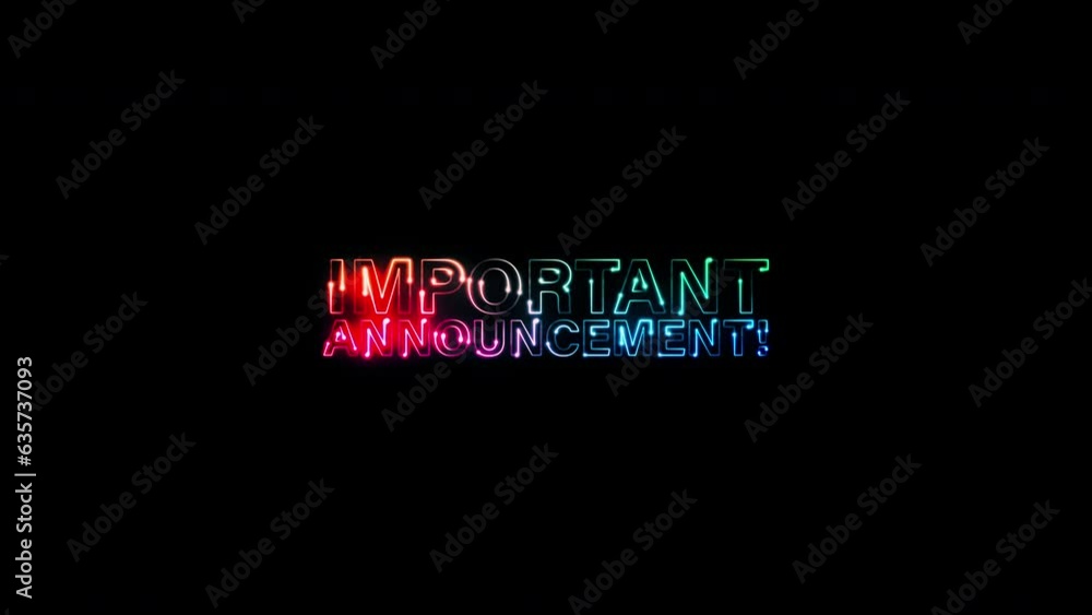 Poster important annoucement colorful neon laser text animation glitch effect cineatic title on black abstr