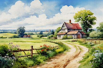 English countryside landscape with cute houses