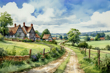 English countryside landscape with cute houses