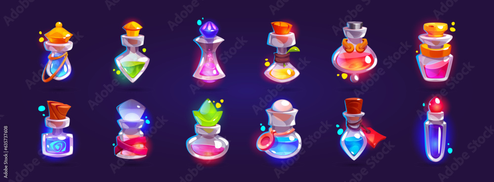 Poster game assets set of glass bottles with magic potion and elixir. cartoon vector illustration of flasks
