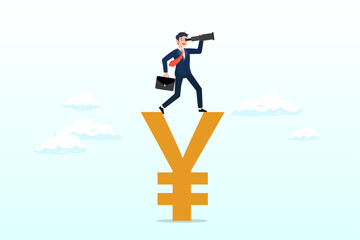 Smart confident businessman standing on Yen money sign using telescope to see future prediction, vision for global financial or economy, business opportunity or investment forecast (Vector)