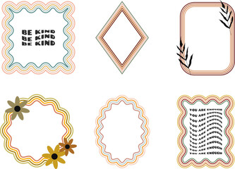 Groovy frames with colorful wavy lines and flowers
