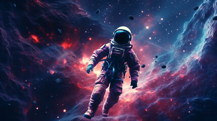 Obraz na płótnie Canvas Astronaut flying through space nebula