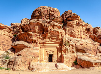 Tomb façade No 846, a rock-cut tomb with classical façade in Siq Al-Barid, Little Petra, Jordan.
