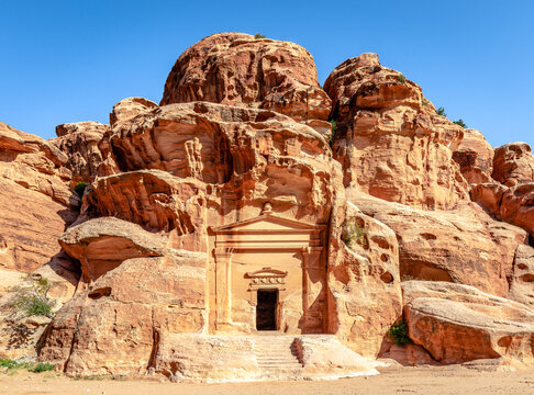 Tomb fa&ccedil;ade No 846, a rock-cut tomb with classical fa&ccedil;ade in Siq Al-Barid, Little Petra, Jordan.
