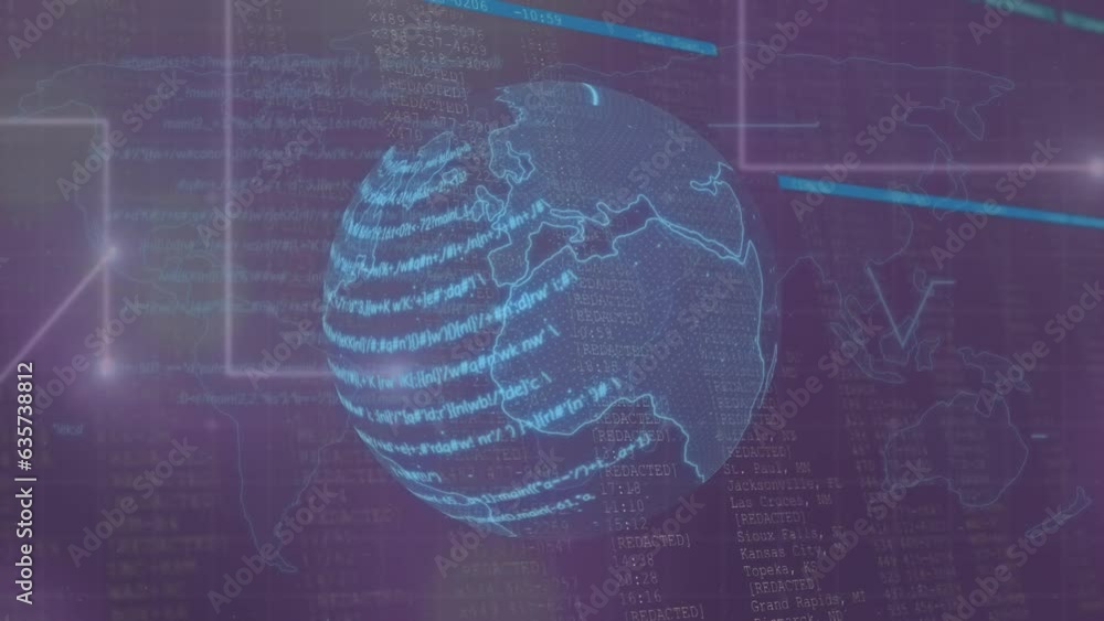 Poster animation of computer language on globe, lines, computer interface over map in background