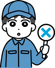 残念な顔でバツのサインを出す作業服の若い男性