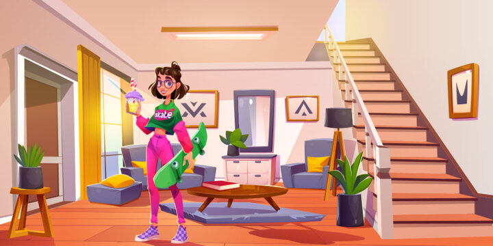 Teen girl with skate in house living room background design. Modern home livingroom interior illustration with couch, armchair and mirror. Young female character hold bubble tea near entrance door
