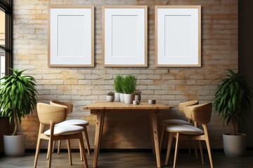 Three mockup wall frames suspended on a rustic brick wall, positioned above a wooden table within the welcoming ambiance of a cafe. Photorealistic illustration, Generative AI