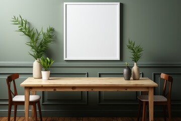 A pristine white wall frame mockup hanging on a vibrant green wall, positioned above a ensemble of wooden table and chairs. Photorealistic illustration, Generative AI