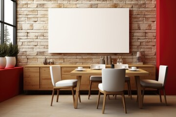 A pristine white canvas mockup adorning a textured stone wall, positioned above a wooden lower cabinet. Photorealistic illustration, Generative AI