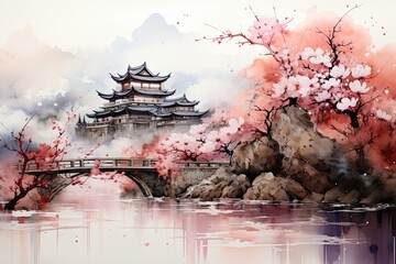 Generative AI - Floral Elegance: Asian Architecture and Blossoms