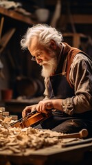 a violin maker, surrounded by wood shavings, meticulously carving a piece. Their face is a study in concentration, and the workshop, filled with instruments in various stages of completion, forms a se
