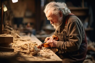a violin maker, surrounded by wood shavings, meticulously carving a piece. Their face is a study in concentration, and the workshop, filled with instruments in various stages of completion, forms a se