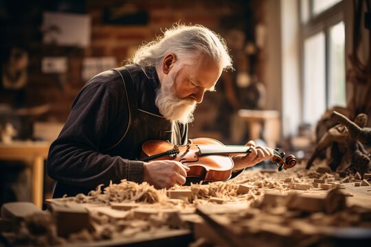 a violin maker, surrounded by wood shavings, meticulously carving a piece. Their face is a study in concentration, and the workshop, filled with instruments in various stages of completion, forms a se - Powered by Adobe