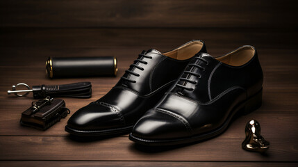 Fototapeta na wymiar Black mens shoes with care accessories