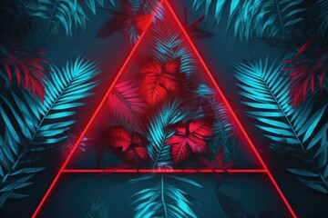 Fototapeta na wymiar A neon triangle, glowing vibrantly in cyan, stands out against a backdrop of lush tropical foliage. The triangle's electric luminance pierces the dense greenery