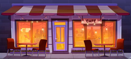 Night cafe exterior with table and chair outside. Outdoor restaurant terrace cartoon panorama illustration. People silhouette in open city coffeehouse in evening. Storefront in downtown with garland