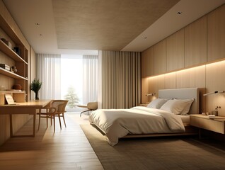 Fototapeta premium Luxurious and minimalist bedroom decoration in the interior of a hotel, home or resort with modern and attractive natural furniture with a cozy and relaxing atmosphere.