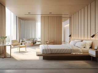 Luxurious and minimalist bedroom decoration in the interior of a hotel, home or resort with modern and attractive natural furniture with a cozy and relaxing atmosphere.