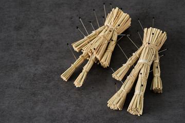 couple halloween curse straw doll Japanese wara ningyo voodoo dark magic background. halloween couple curse straw doll Japanese wara ningyo voodoo dark magic dark background. curse straw 