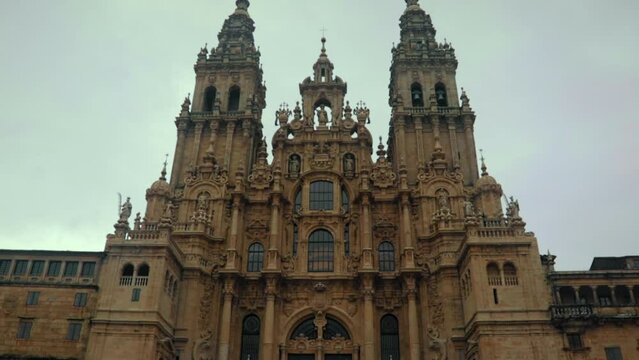 Tilt Shot of Santiago de Compostela Cathedral in a Rainy Day