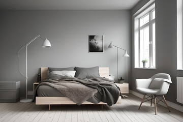 Scandinavian loft gray empty bedroom interior with armchair, bed and lamp. Side view