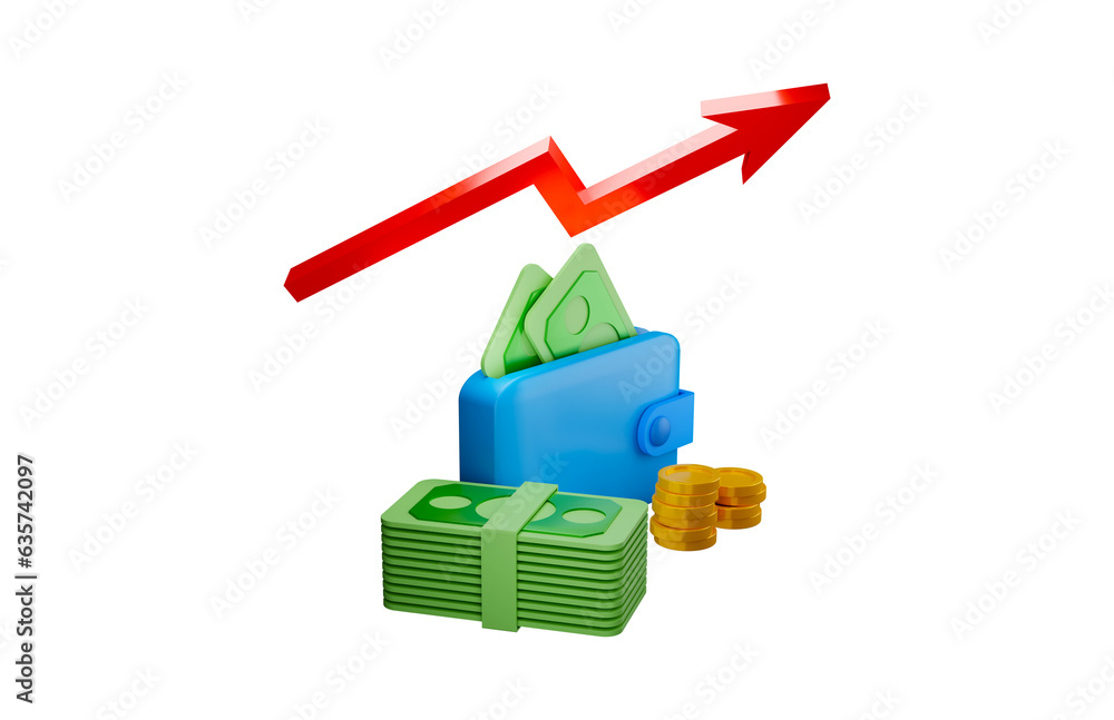 Poster gold coins with red arrow on white background, 3d rendering illustration transparency graphics