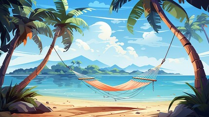 An illustration of a tropical beach with hammock and palm trees AI Generated