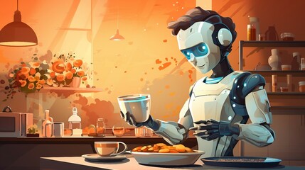 An illustration of a robot is cooking food in a kitchen AI Generated