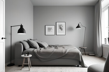 Scandinavian loft gray empty bedroom interior with armchair, bed and lamp. Minimalist scandinavian style