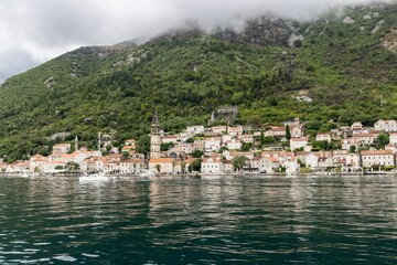 A view of Perast and Church of St. Nicholas from the Bay of Kotor, Montenegro