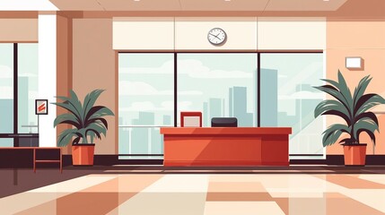 An illustration of an office lobby with a desk and plants AI Generated