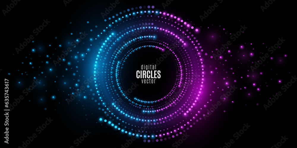 Poster digital circles of glowing dots. big data visualization into cyberspace with swirl energy. disintegr