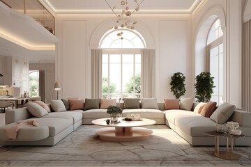 Close up details of a sleek, contemporary living room sofa, couch, pillows and accent mirror. Led lights and modern design of fabulous home