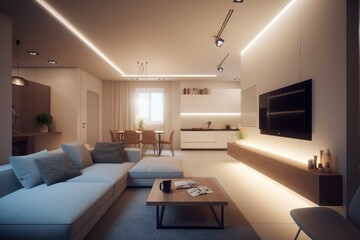 Close up details of a sleek, contemporary living room sofa, couch, pillows and accent mirror. Led lights and modern design of fabulous home