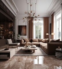 Lavish Living Room and Dining room with Designer Furniture, High Ceilings, and Elegant Decorative Accents.