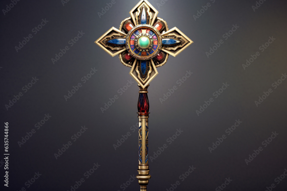 Fototapete A geometric-style scepter adorned with symmetrical shapes and metallic accents, symbolizing the power and sovereignty of a queen. Generative AI technology.