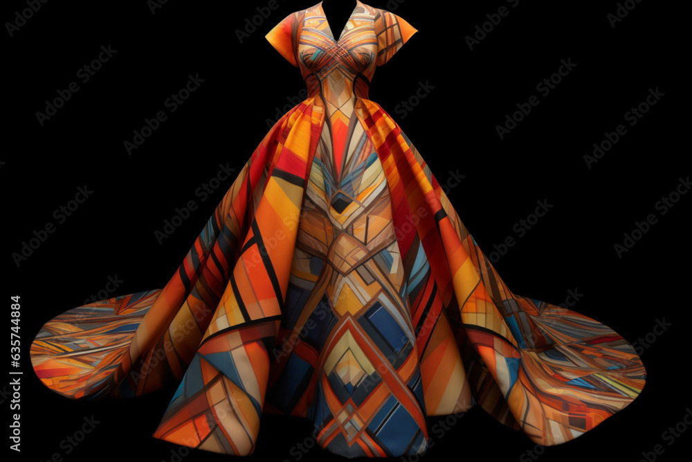 Poster A geometric-themed queen's gown adorned with intricate geometric patterns and bold color combinations, making a fashion statement.  Generative AI technology.