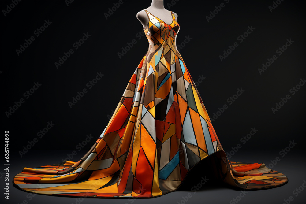 Aufkleber A geometric-themed queen's gown adorned with intricate geometric patterns and bold color combinations, making a fashion statement.  Generative AI technology.