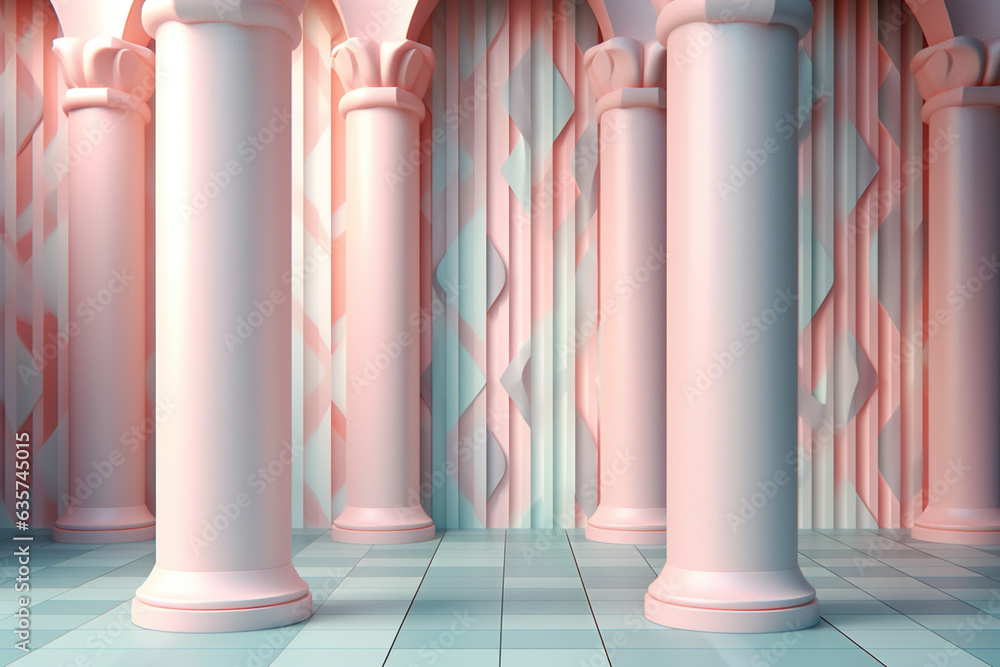 Fototapete A pastel-colored geometric-style column with clean lines and symmetrical patterns, featuring pastel tones for a contemporary and serene atmosphere. Generative AI technology.