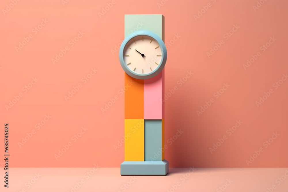 Poster a pastel-colored geometric column clock with geometric hands and pastel accents, adding a stylish an