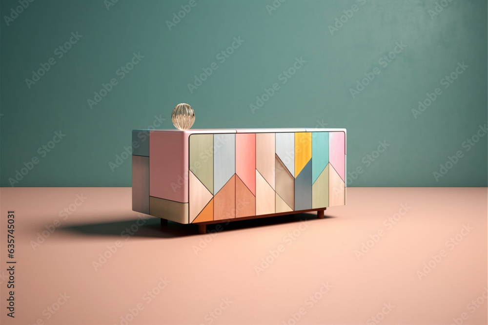 Aufkleber A pastel-colored geometric-style column sideboard with geometric patterns and gentle pastel shades, combining storage and design in one piece. Generative AI technology.