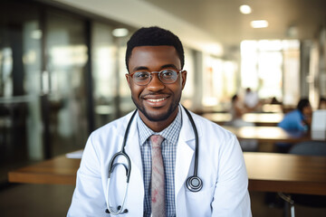 Portrait of smiling young male doctor holding digital tablet standing against window at hospital corridor - obrazy, fototapety, plakaty