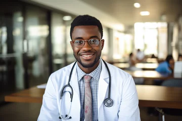 Poster Portrait of smiling young male doctor holding digital tablet standing against window at hospital corridor © STORYTELLER
