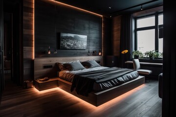 Elegant hotel bedroom with luxurious amenities, warm hardwood floors, and modern LED lighting.