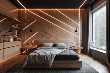 Fototapeta na wymiar Elegant hotel bedroom with luxurious amenities, warm hardwood floors, and modern LED lighting.