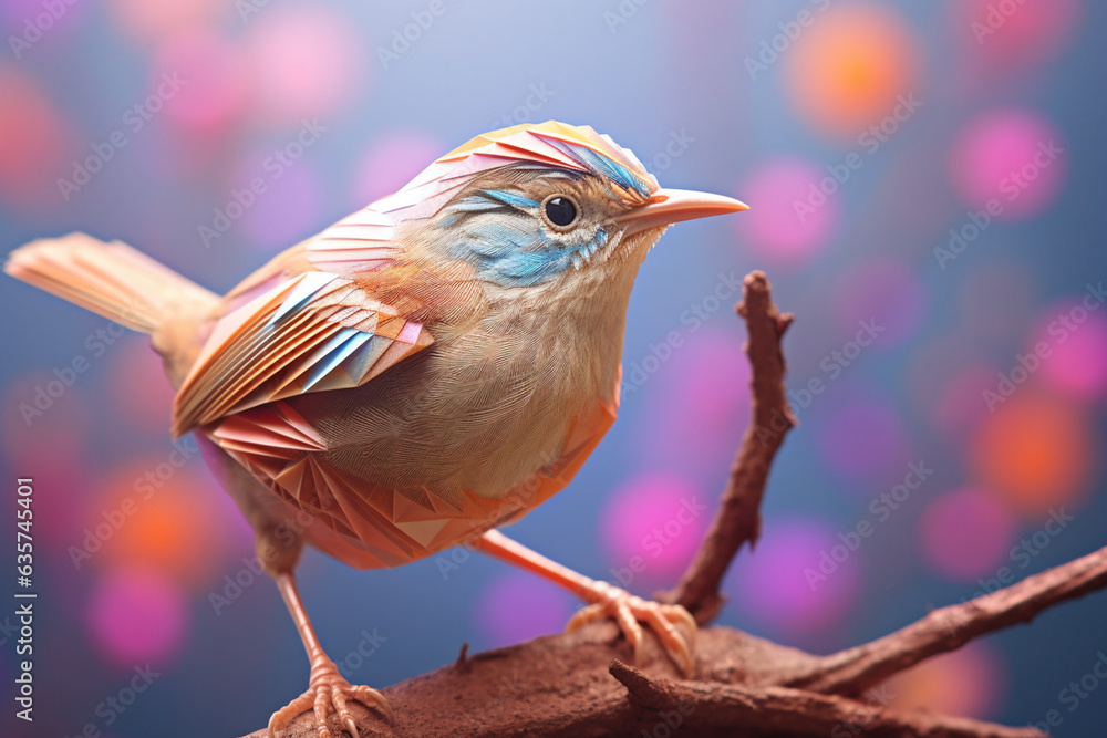 Poster a pastel-colored geometric-themed wren illustration with angular shapes and delicate pastel shades, 