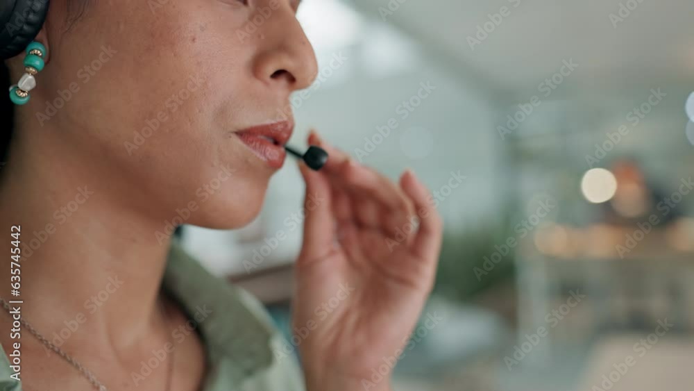 Poster Woman, call center and mouth in consulting, customer service or telemarketing with headphones at office. Closeup of female person, consultant or agent talking in online advice or help at workplace