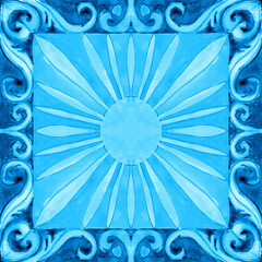 Ceramic tile design in blue colors. Sicilian seamless ornament. Baroque watercolor background. Hand drawn royal ornament. Mediterranean Italian print.